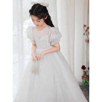 白色晚禮服女童高端輕奢公主裙兒童主持人鋼琴演奏演出服蓬蓬婚紗