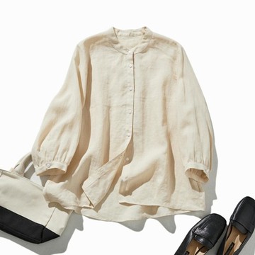 上質純麻七分袖襯衫 自然風透氣百搭 寬鬆版型 米色 240503-2