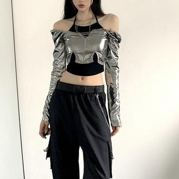 【臺灣有貨】美式複古女團辣妹銀色短款長袖上衣嘻哈工裝褲爵士舞演出服兩件套