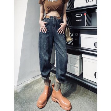 【清倉】秋冬季新款藍色牛仔蘿卜褲女寬松高腰休閑哈倫老爹褲垮褲