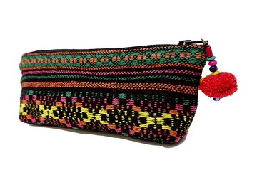 梭織布藝筆袋，綠，橙色，筆袋帶絨球的棉質鉛筆袋