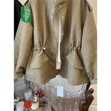 高級感氣質立領菱格抽繩收腰風衣外套女短款小個子寬松2024秋