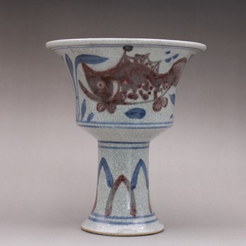 明洪武青花釉里紅高足杯酒盅 魚草紋 古玩古董老貨陶瓷器收藏擺件