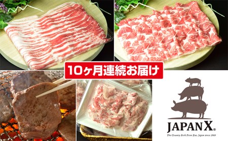 定期便 10ヶ月 JAPAN X 豚肉 ＆ 特選 厚切り 牛タン バラエティ セット 1.7kg バラ 肩ロース 小間 牛たん