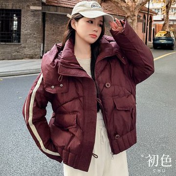 初色 休閒寬鬆保暖拉鍊扣防寒撞色線條連帽立領長袖外套女外套-共5色-16598(M-XL可選)