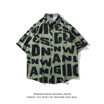 悟空有貨潮牌復古字母滿印綠色短袖襯衫男夏季寬松bf休閑百搭襯衣