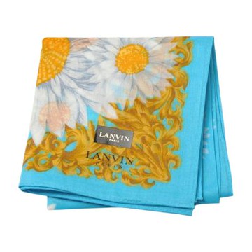 LANVIN 繽紛金葉雛菊金框品牌LOGO圖騰帕領巾(天藍系/51CM)