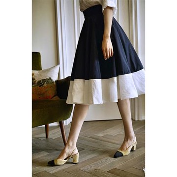 藏青色拼接法式半身裙女夏中長款高腰傘裙顯瘦氣質百搭蓬蓬a字裙