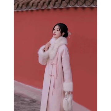 新中式粉紅色毛領盤扣毛呢外套女2025春季中長款小香風呢子大衣潮