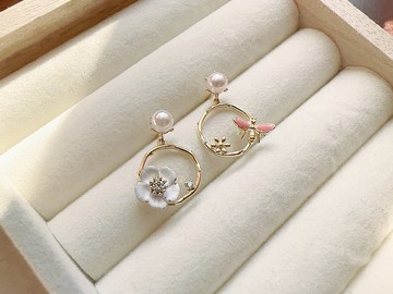 手工琺瑯 花朵 蜜蜂 優雅氣質 金色 純銀耳環 七夕情人節