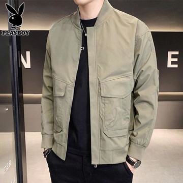 花花公子男士夾克潮流休閑棒球領秋冬季上衣服青年新款工裝外套男