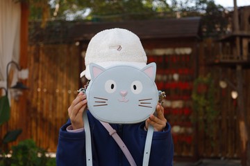 真皮手作貓咪斜背包 親子可用迷你包 立體貓臉 可調背帶小包