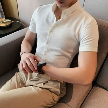 【男裝】臺灣出貨夏季痞帥襯衫男短袖休閒韓版商務男士條紋襯衣修身抗皺帥氣男裝