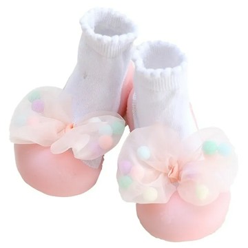 寶寶膠底學步鞋 新款短襪 棉/橡膠材質 秋冬季適用  蝴蝶結 粉色 + 白色  24~25