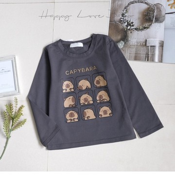 卡通九宮格卡皮巴拉表情包薄棉長袖上衣 秋冬童裝 男童上衣 男童長袖 男童棉T 長袖上衣 秋冬上衣