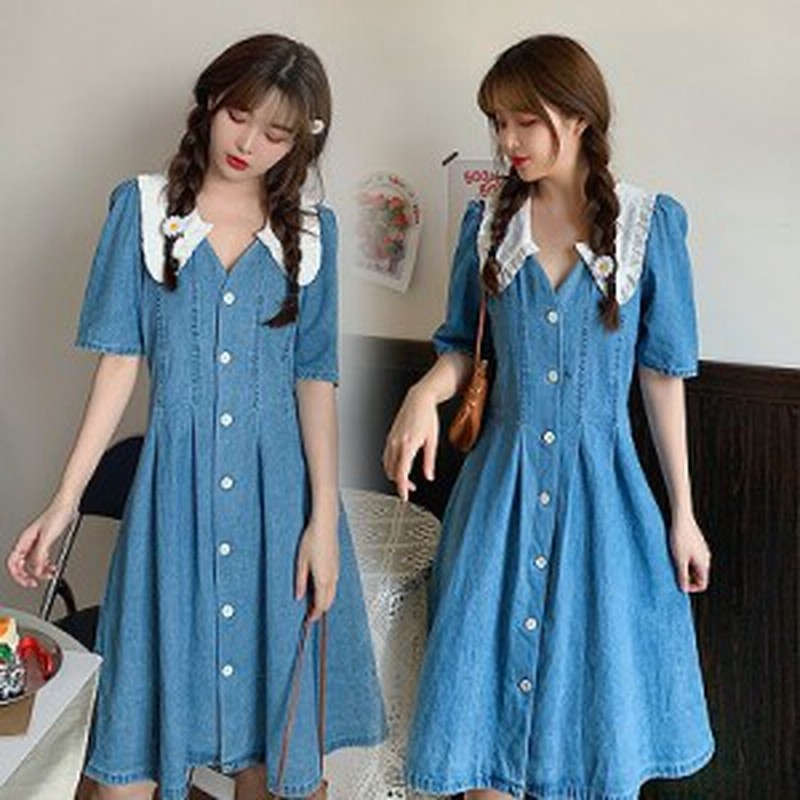 ワンピース レトロ ガーリー 可愛い デニム インディゴ ブルー 襟 Vネック 膝丈 ひざ丈 ミディアム 水色 原宿系 子供っぽい 通販 Lineポイント最大1 0 Get Lineショッピング
