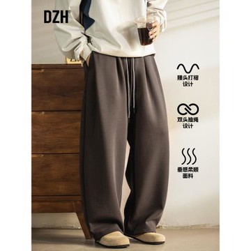 男士棕色寬松衛褲男冬季老錢風彎刀褲大碼加絨褲子加厚運動褲新款