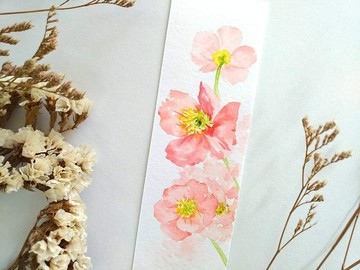 冰島罌粟花 溫柔的愛 水彩花草插畫書籤 情人禮物祝福卡片 (原畫)