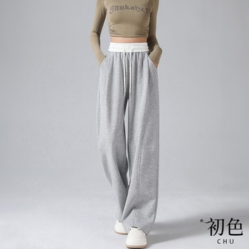 初色 直筒顯瘦拼接鬆緊腰抽繩運動褲休閒褲寬褲長褲-共5色-38227(M-4XL可選)