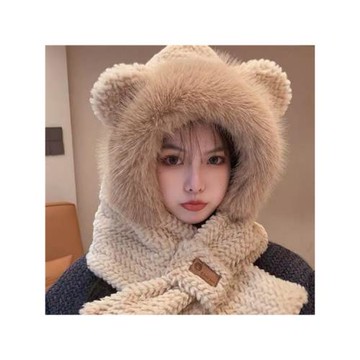 小熊帽子圍巾一體女秋冬騎車加絨保暖護耳毛絨防寒帽韓版甜美可愛
