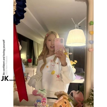 【JK極客】時尚衛衣 春季上衣 女生衛衣【斜領】曼巴棉300克 印花長袖寬鬆套頭衛衣女