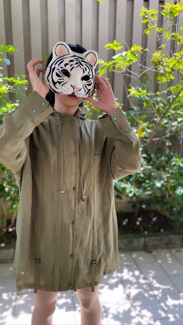 率性抽繩連帽可拆吊帶茶綠古著薄外套