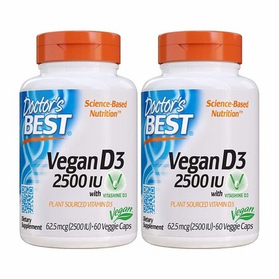 ビーガンビタミンD3 2500 IUウィードビタシャインD3 60ベジカプセル　2個セットVegan Vitamin D3 2500 IU with Vitashine D3, 60 Veg Capsules