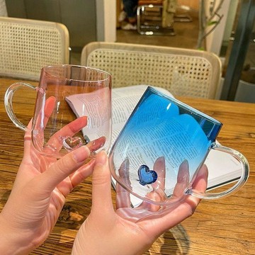 耐高溫玻璃杯 愛心情侶水杯 透明果汁杯 創意飲料杯 高顏值家用 耐熱把手杯 PXMB