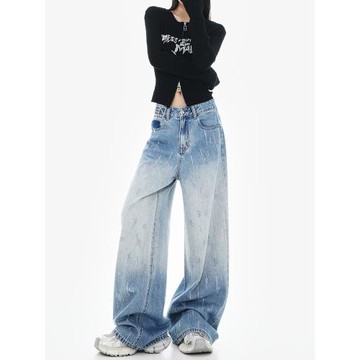 KEN STUDIO原創春秋新款美式復古高腰顯瘦燙鉆設計寬松闊腿牛仔褲