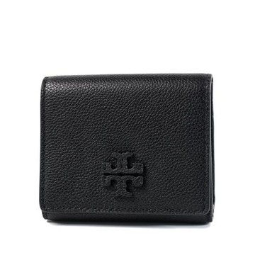 TORY BURCH THEA 皮革標鵝卵石紋釦式三折短夾-黑色