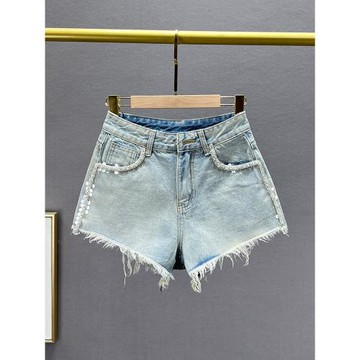 ins歐貨牛仔短褲女2024年新款夏季高腰寬松顯瘦鑲鉆亮片闊腿熱褲