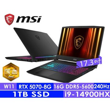 MSI微星 Katana 17 HX B14WGK-037TW 17.3吋電競筆電(i9-14900HX/16G/1T SSD/RTX5070-8G/Win11)