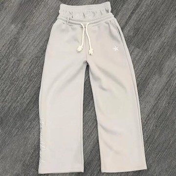 跨境歐美雙腰頭刺繡衛褲男女潮牌高街長褲假兩件褲子寬松闊腿褲