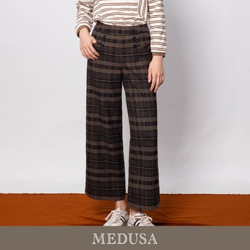 現貨【MEDUSA 曼度莎】三排釦棕色格紋長寬褲（M-XL）｜女格紋寬褲 女長褲 女休閒長褲