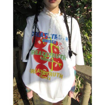 3months可愛番茄印花白色純棉短袖T恤女夏季2025新款百搭顯瘦上衣