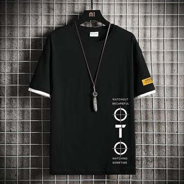 夏季假兩件短袖t恤男士ins潮牌寬松大碼百搭體恤衣服潮流五分半袖