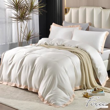 FOCA別緻白 加大 潮流金框 頂級300織紗100%純天絲素色壓框四件式薄被套床包組