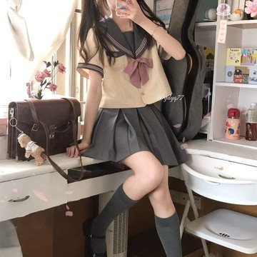 【砂糖夢境】胖MM大碼夏季日系JK女學生寬鬆領結海軍領短袖水手服+ins半身裙