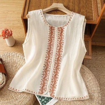 【雅韻衣櫥】復古老錢風刺繡亞麻背心女裝無袖小衫夏季棉麻打底衫內搭上衣