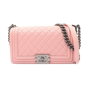 CHANEL 香奈兒 粉色 菱格紋 羊皮 BOY 25 肩背包 銀釦 【二手名牌BRAND OFF】