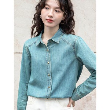 藍綠色港風復古正肩軟牛仔襯衫女秋冬2026新款內搭疊穿小個子上衣