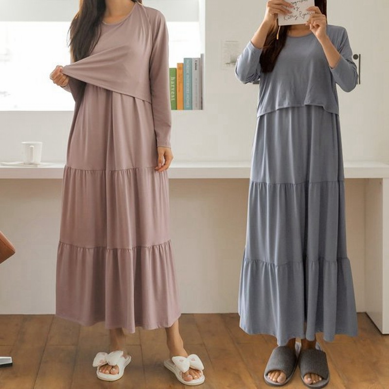 Ette 授乳服 マタニティ ワンピース 秋 冬 長袖 ティアード マキシ 高身長 ルームウェア ピンク 授乳 妊婦服 Sdn 通販 Lineポイント最大0 5 Get Lineショッピング