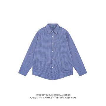 悟空有貨潮牌美式藍色格子長袖襯衫男女復古街頭寬松cleanfit襯衣