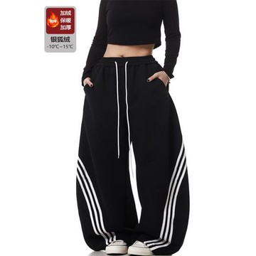 美式復古街頭三條杠闊腿彎刀衛褲加絨寬松條紋抽繩爵士舞褲子秋冬