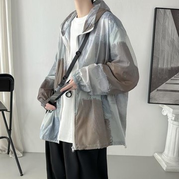 扎染防曬服男夏季薄款潮牌百搭連帽夾克青少年痞帥戶外防曬衣外套