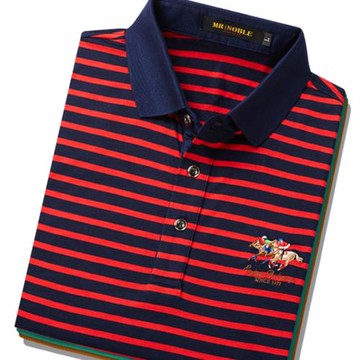 冰絲純棉短袖t恤2019夏季透氣舒適大碼男裝 中年紅色條紋polo衫薄