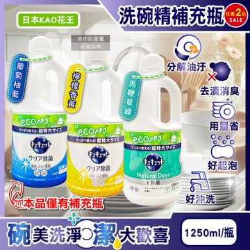 (2瓶任選超值組)日本KAO花王-CUCUTE珂珂透除重油污漬濃縮洗碗精1250ml/補充瓶(餐具砧板海綿碗盤食器泡沫洗滌消臭清潔劑)