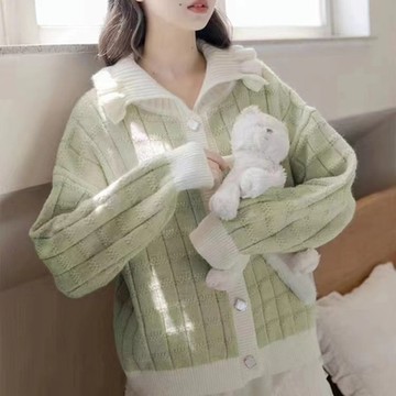 [巴黎精品] 針織外套長袖毛衣-翻領奶系拼色方格女外套4色m1ab39