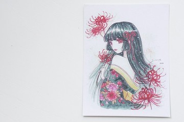 午夜的森林。花系少女手繪卡片 - 彼岸花