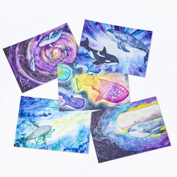 【鯨歸何處】 水彩插畫 明信片 一套五款 鯨魚 鯨落 海洋 藍色